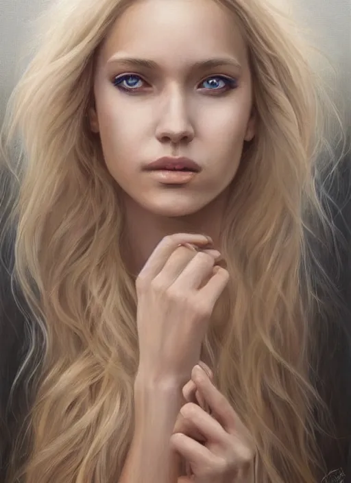 Image similar to a painting of a woman with long blonde hair, a photorealistic painting by magali villeneuve, featured on cgsociety, fantasy art, detailed painting, photorealistic