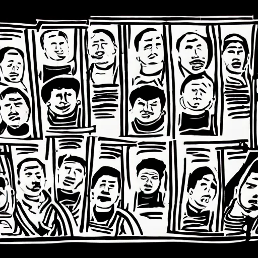 Prompt: uyghurs Uighurs in a prison behind bars, organ harvesting, in the style of daniel johnston and outsider art, 8k, line brush, overlaid with chinese adverts