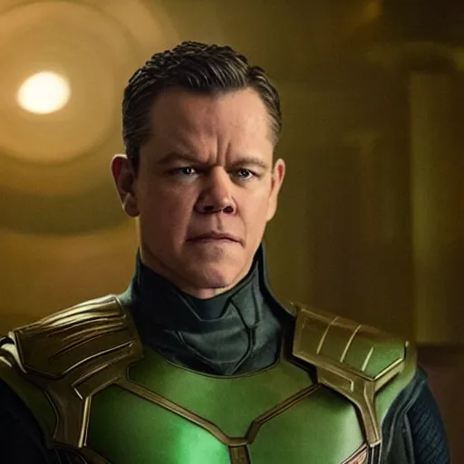 Prompt: film still of Matt Damon as Loki in Avengers Endgame