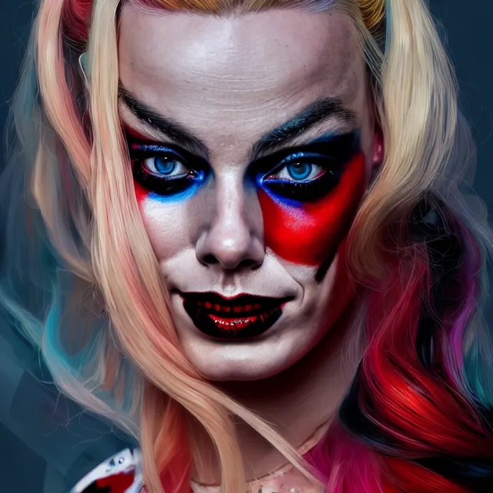 Image similar to portrait of Margot Robbie as a harley quinn. intricate abstract. intricate artwork. by Tooth Wu, wlop, beeple, dan mumford. octane render, trending on artstation, greg rutkowski very coherent symmetrical artwork. cinematic, hyper realism, high detail, octane render, 8k, iridescent accents