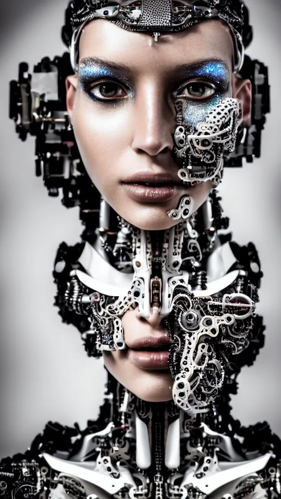 Image similar to a stunning young female cyborg profile face, face is made intricate tribal bio - mechanical, editorial photography, schlieren, depth of field, f / 2. 8, high contrast, 1 6 k, rays of shimmering light, volumetric lighting, shiny, insanely detailed and intricate, hypermaximalist, elegant, ornate, hyper realistic, super detailed