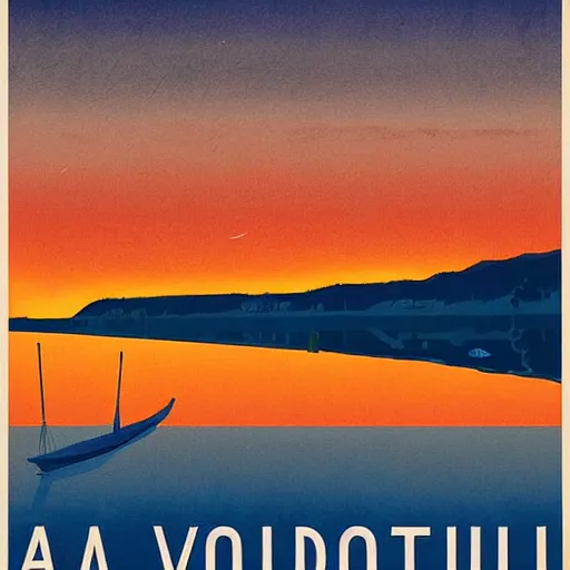 Prompt: a vintage vacation poster for lake merritt in oakland with a smoky dark orange sky