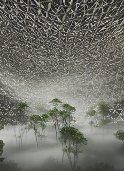 Image similar to a photo of a futuristic biomimicry oasis interior + the interior is elegant and made of a biomimicry nature with ornate patterns + photo taken on a misty morning + architectural photography, 8K, photorealistic