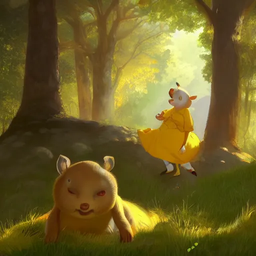 Image similar to concept art painting of an anthropomorphic elderly chubby doe wearing yellow dress, in the deep forest, realistic, detailed, cel shaded, in the style of makoto shinkai and greg rutkowski and james gurney