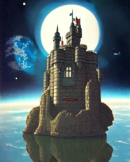 Prompt: a castle in outer space in the style of chris foss and rodger dean