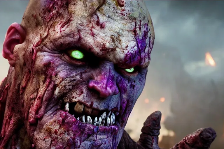 Image similar to film still of zombie zombie Thanos as a zombie in new avengers movie, 4k