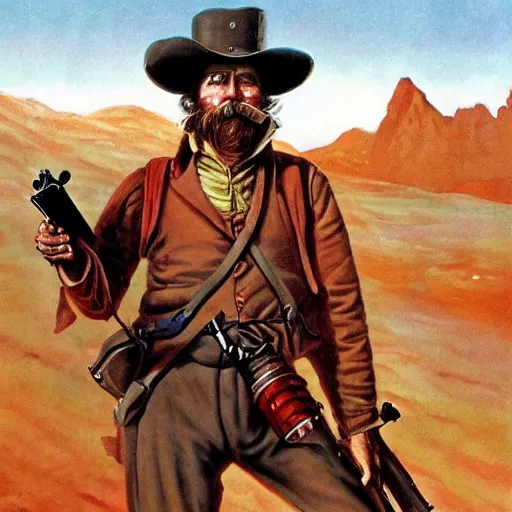 Prompt: 19th century scruffy american holding a rifle, on mars, pulp science fiction illustration