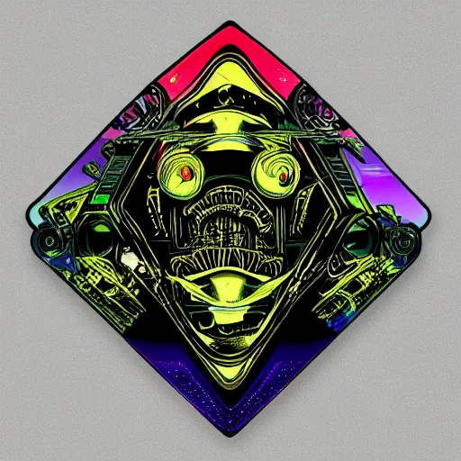 Prompt: sticker of a rock band, name is tripmachine, on the sticker is a 3 d render of a huge futuristic steampunk engine generator, 8 k, fluorescent colors, halluzinogenic, multicolored, exaggerated detailed, silk screen art