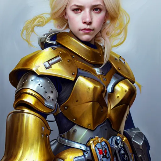 Image similar to Portrait of a girl with blonde hair wearing a heavy knight armor, Overwatch inspired, golden accents and armor by Donato Giancola, face, fantasy, intricate, elegant, highly detailed, digital painting, artstation, concept art, smooth, sharp focus, illustration, art by Wei Fan and Fernanda Suarez and Artem Demura and alphonse mucha