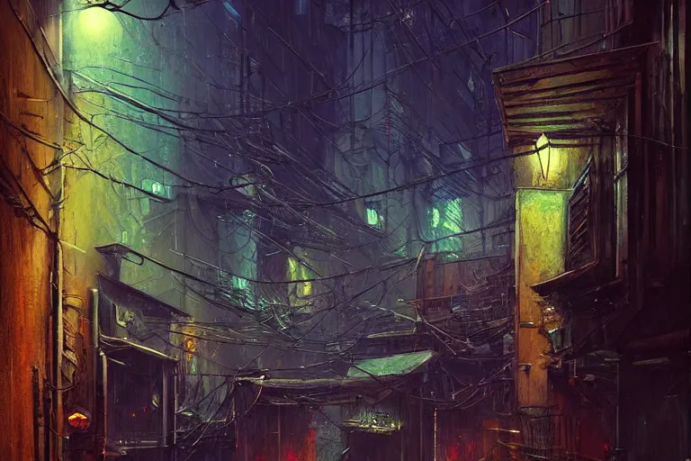 Image similar to dark cyberpunk alleyway, art by james gurney, trending on artstation, moon light isometric view tonalism, bokeh, surrealism, infrared, dadaism