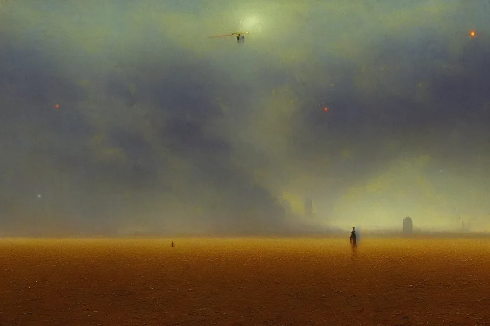 Image similar to sci-fi painting of a large alien city on the vast wheat fields, the closed back view of only one humanoid robot on the ground, by Ivan Aivazovsky, godrays, detailed