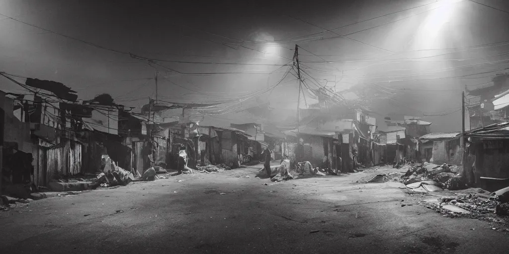 Prompt: AJEGUNLE SLUMS of Lagos surrounding large UFO within NEON rays of light, wide angle, Gold hour light, analogue photo,