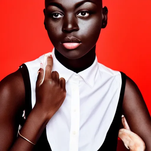 Image similar to a photograph of a quenian young dark skined bald woman wearing a white shirt, looking at the camera, by terry richardson, 4k, award wining, fashion magazine