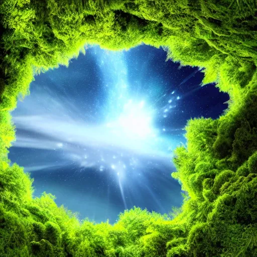 Image similar to A photo realistic green forrest with blue skies, a portal with a nebula is showing at the back