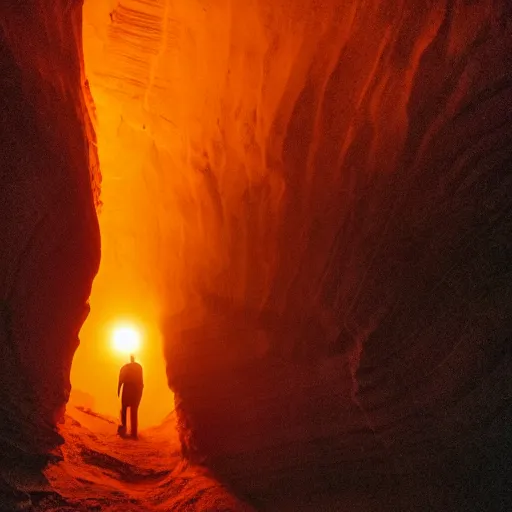 Image similar to photo inside a cave of a building and a giant orange glowing transparent shadow humanoid of one thousand feet of height