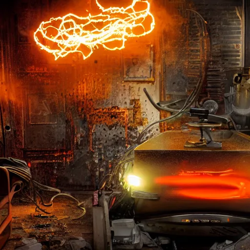 Image similar to overcharging toaster oven, tangles of metallic cables, dark messy smoke - filled cluttered workshop, dark, dramatic lighting, orange tint, sparks, plasma charges, cinematic, highly detailed, sci - fi, futuristic, movie still