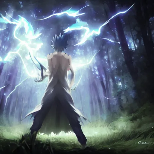 Prompt: killua electric lightning dark forest purple hunter x hunter greg rutkowski hd concept anime art