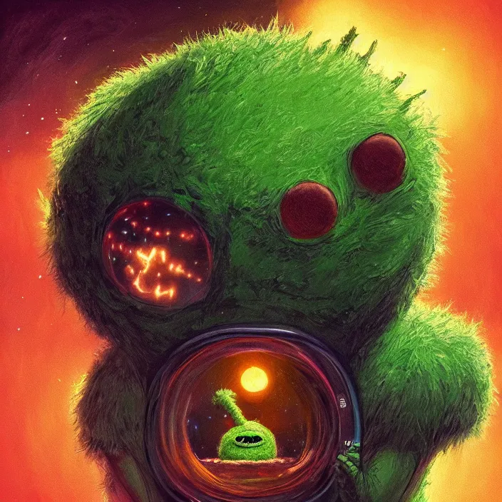 Image similar to cinematic portrait of a cute tennis ball monster in the abyss of space, chalk, masterpiece, trending on artstation, featured on pixiv, cinematic composition, dramatic pose, beautiful lighting, sharp details, hyper - detailed, hd, hdr, 4 k, 8 k, art by basil gogos