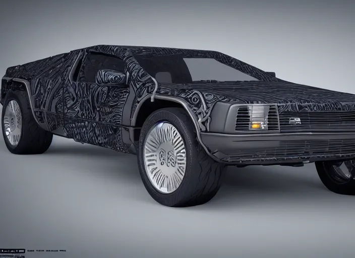 Image similar to wide view shot of a new car for 2 0 3 2 with offroad tires installed. style by petros afshar, christopher balaskas, goro fujita, and rolf armstrong. car design by delorean motor company and land rover.