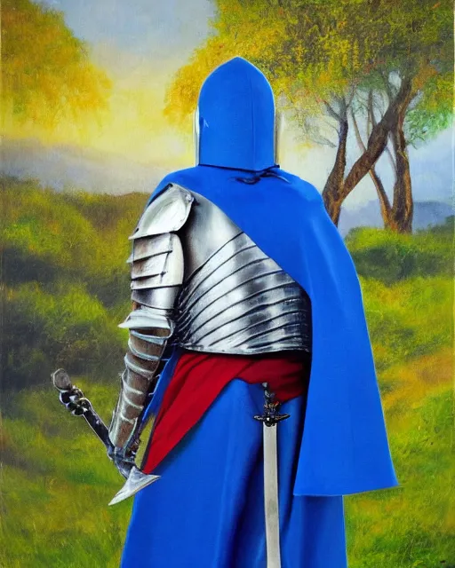 Image similar to a armored knight holding his sword, depression atmosphere, calm face, in blue cape, wild, daniel oxford, oil painting, master piece