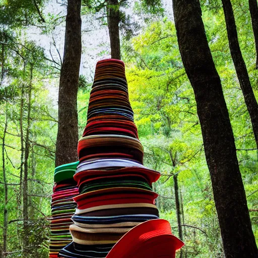 Prompt: an extremely tall stack of sombreros, alone in a forest, highly details photograph