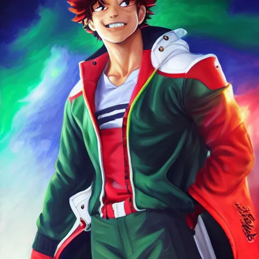 Prompt: an oil painting of a izuku midoriya wearing michael jacksons outfit, by artgerm, hd, hdr, ue 5, ue 6, unreal engine 5, realistic anime 3 d style, cinematic 4 k wallpaper, 8 k, ultra detailed, gta cover art, high resolution, artstation, award winning