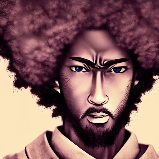 Prompt: creative illustration photo realistic intense lighting afro samurai portrait