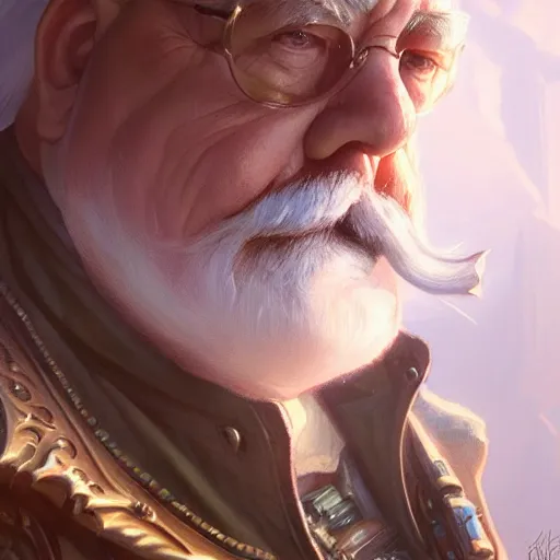 Image similar to Wilfred Brimley, closeup, D&D, fantasy, intricate, elegant, highly detailed, digital painting, artstation, concept art, matte, sharp focus, illustration, hearthstone, art by Artgerm and Greg Rutkowski and Alphonse Mucha