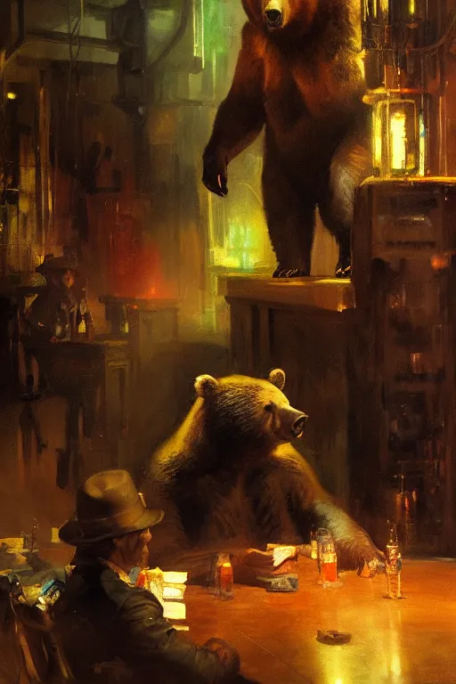 Image similar to portrait of bear gambling in the night club by anders zorn, wonderful masterpiece by greg rutkowski, beautiful cyberpunk lofi cinematic light, by greg manchess, jessica rossier