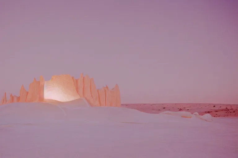 Image similar to cinestill of a huge backlit ice sculpture in the sahara desert