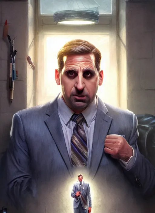 Prompt: highly detailed portrait of prison mike, michael scott, the office, steve carell, realistic, fantasy art by greg rutkowski, stanley artgerm, loish, rhads, tom bagshaw, global illumination, radiant light, detailed and intricate environment