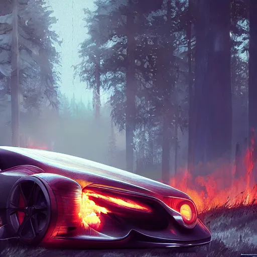 Image similar to cyberpunk car on fire in the middle of the woods, stylized, artgerm, artstation, hd, cgsociety, cgi, realistic, dramatic, cinematic, artistic, trending, detailed