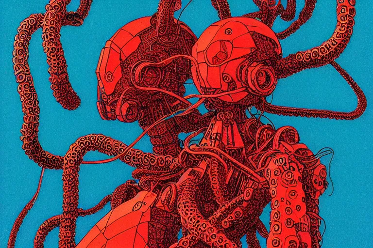 Image similar to risograph grainy drawing vintage sci - fi, satoshi kon color palette, gigantic gundam full - body covered with human bodies and wires, with lot tentacles, vermilion and black hues, codex seraphinianus painting by moebius and satoshi kon and dirk dzimirsky close - up portrait