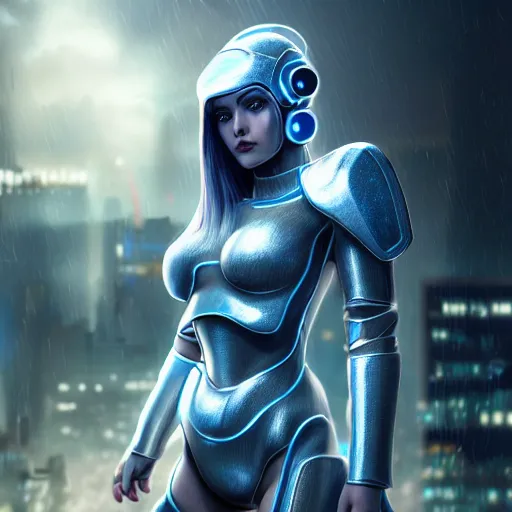 Image similar to A hyperrealistic portrait painting of a cyber warrrior girl, blue and white silver color armor, ultradetailed face expression trending on artstation and artbreeder, cyberpunk color feel raining at tokyo midnight rooftop, unreal 5, DAZ, 8k, unreal 5 engine render, cosplay, RPG portrait, final fantasy Vll world concept, dramatic lighting, rim lights, PS5 render quality