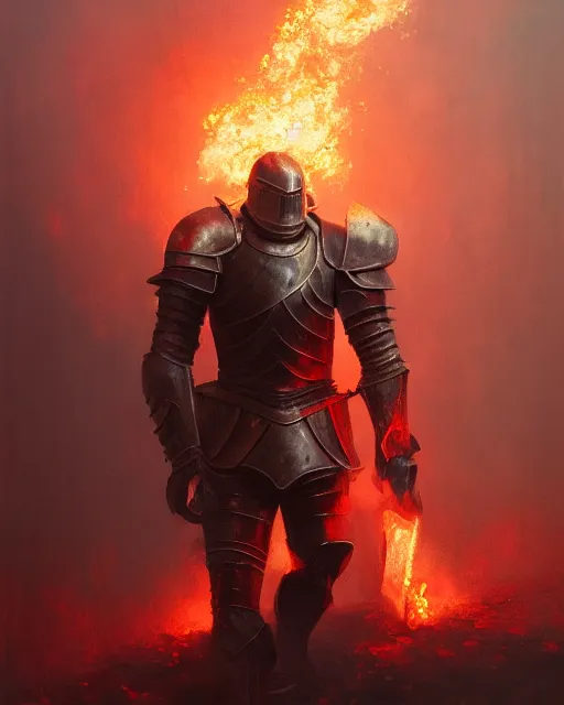 Prompt: Hyper realistic painting of a knight with armor made out of flaming embers, cracks in the armor, reflected light, red lighting, dark fantasy, fog, by greg rutkowski, trending on artstation