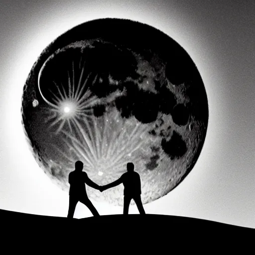 Prompt: silhouettes of two men holding hands on top of a hill with the moon visible in the sky behind them, black and white