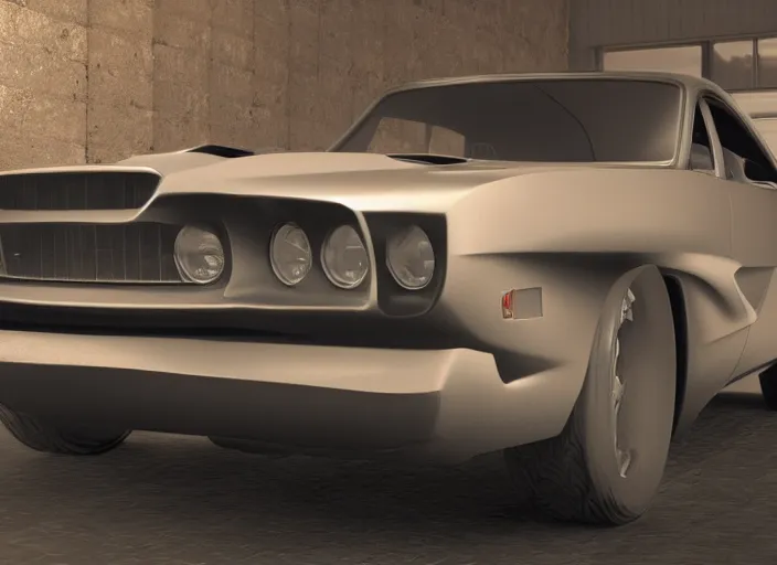 Prompt: combine some random sport car with a classic muscle car with bare metal paint, in a workshop, concept art style by pablo carpio. global illumination ray tracing render. full view.