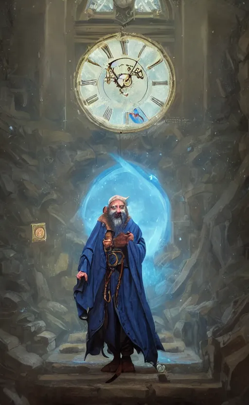 Image similar to portrait of a middle aged elf with a long beard, dressed in a blue cloak with clock iconography, brown hair, raised hand, detailed face, fantasy, highly detailed, cinematic lighting, digital art painting by greg rutkowski