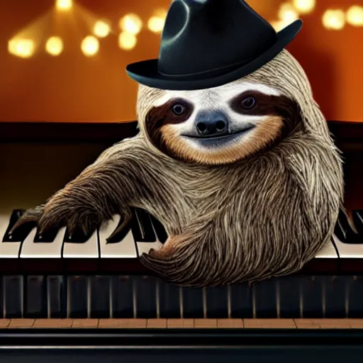 Prompt: super cute sloth wearing a fedora playing piano at a nightclub