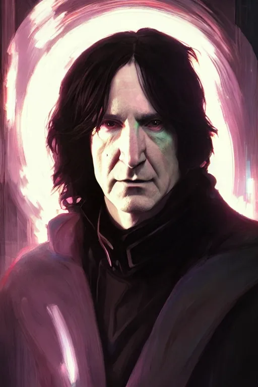 Image similar to portrait of cyborg severus snape in cyberpunk, neon lighting, night city, digital art from artstation by Ruan Jia and Mandy Jurgens and Artgerm and william-adolphe bouguereau and Greg Rutkowski