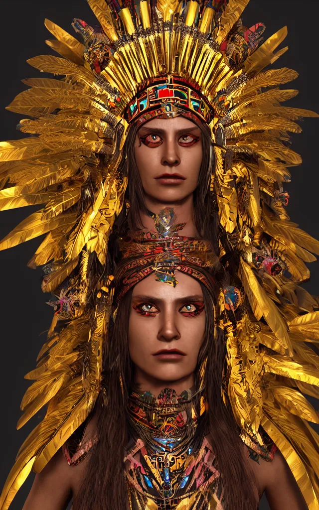 Prompt: native aztec neondmt warrior princess goddess with a golden headdress, piercing glowing eyes, aztec dmt gilded gold foil tattoos, uncropped photo, 4 k cinematic hyperdetailed photorender realityengine ultrahd fantasy concept art