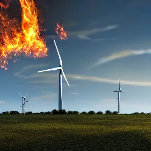 Prompt: A wind turbine on fire, realistic, photo, highly detailed, soft lighting