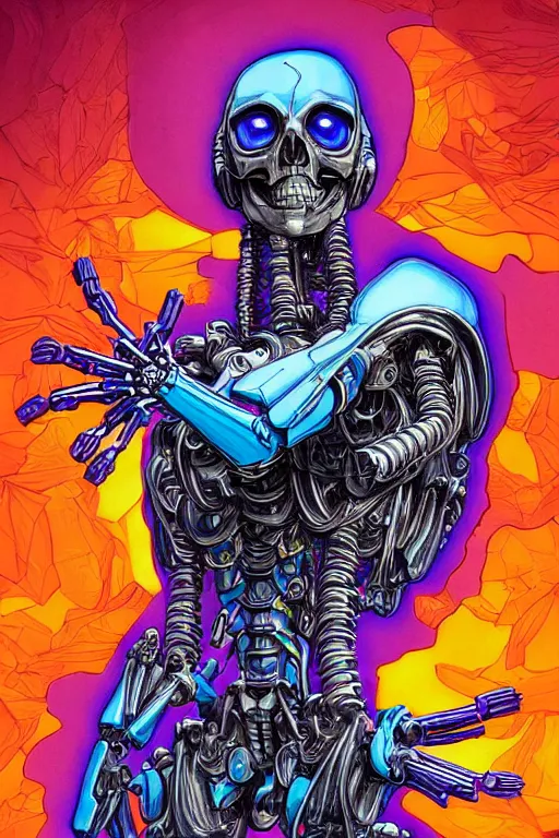 Image similar to comic art of a fluorescent ultra-detailed portrait art of mecha skeleton, by dan mumford and Junji Ito,, zx spectrum color palette, anatomy, only two hands, highly detailed, digital painting, artstation, concept art, smooth, sharp focus, illustration, Unreal Engine 5, 8K, art by art by artgerm and greg rutkowski and edgar maxence