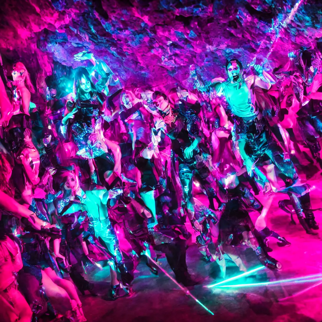 Prompt: cinematic shot of a goth disco in a cave, holographic knives!!! with pink lasers and blue crystals, brutal weapons!!! holographic knives!!! goth people dancing, dark evil ritual, 8 k photograph