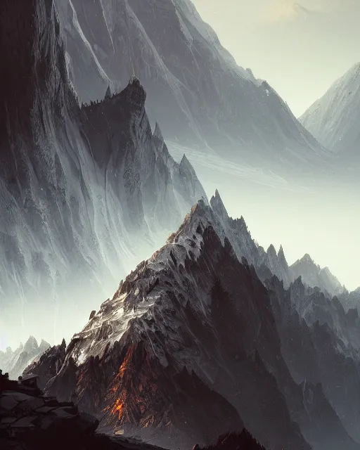 Image similar to a mountain in a shape of wolf teeths, terrifying, environment art, fantasy art, landscape art, in the style of greg rutkowski, illustration, epic, fantasy, intricate, hyper detailed, artstation, concept art, smooth, sharp focus, ray tracing