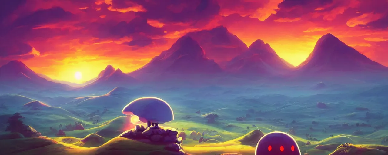 Prompt: detailed round pacman, with ghosts, in a beautiful nature landscape with clouds, mountains, in background, sunset, by rhads, pacman, detailed, coherent