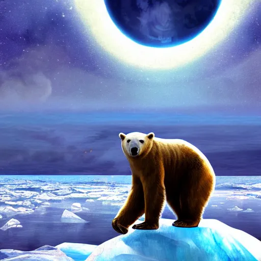 Prompt: polar bear on iceberg in mars drinking beer and have a beer can in hand, outer space, planet mars, illustration, computer painting, high resolution,, trending on deviantart, hdr, hyper detailed, insane details, intricate, elite, ornate, dramatic lighting