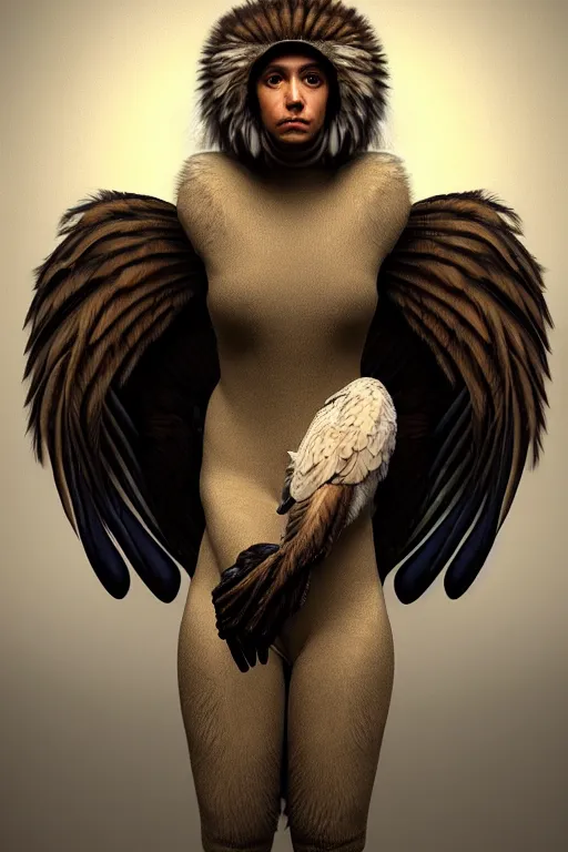 Image similar to epic professional digital art of female human - eagle hybrid animal, sitting, wearing human air force jumpsuit, humanoid feathered head, eagle beak, by lisa roet, reyna rochin, ignacio fernandez rios, leesha hannigan, wayne haag, artstation, cgsocietywlop, epic, much wow, much detail