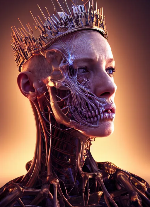 Image similar to 3 / 4 portrait, queen, crown, translucent skin, muscle, bones, veins, nerves, hyperrealism, exoskeleton, detailed, photorealistic, cyberpunk apocalyptic city, futuristic, ultra realistic, cinematic, intricate, cinematic light, unreal engine 8 k, octane render, unreal engine by charlie bowater, david kostic, stanley lau, artgerm