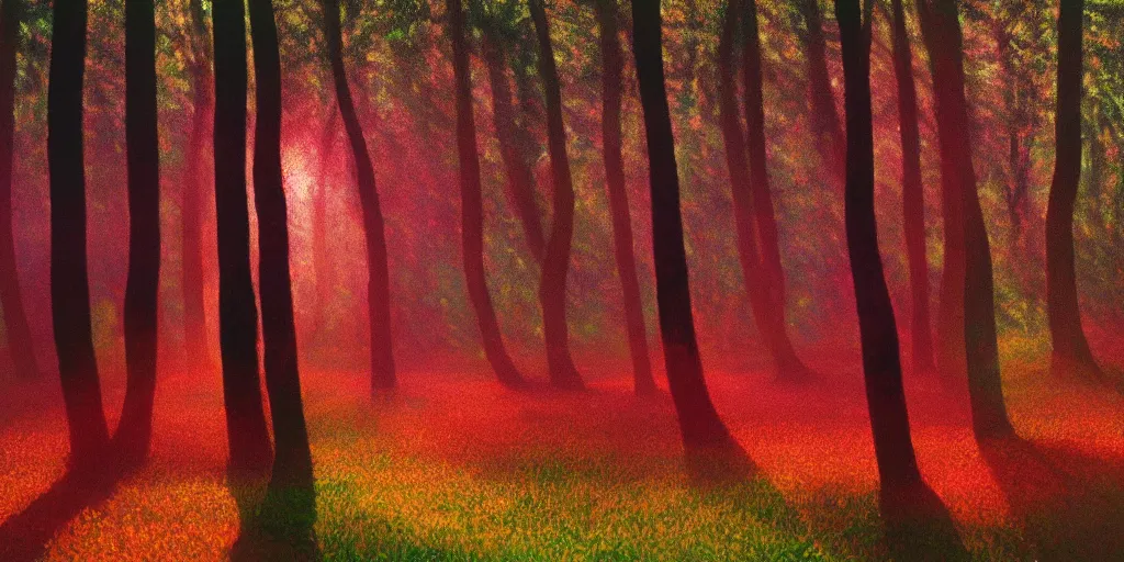 Image similar to An aesthetically pleasing fine art, dynamic, energetic, lively, well-designed digital art of trees inside a forest during sunset, light and shadow, caustics, by Claude Monet, superior quality, masterpiece, excellent use of negative space. 8K, superior detail.